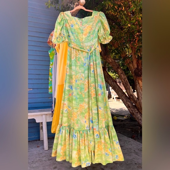Vintage 70’s Lime Green Satin Prairie Maxi Gown - Picture 3 of 3